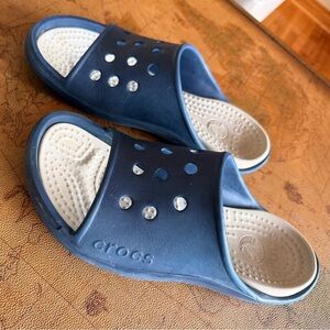 CROCS Navy Slide Sandals with White Soles